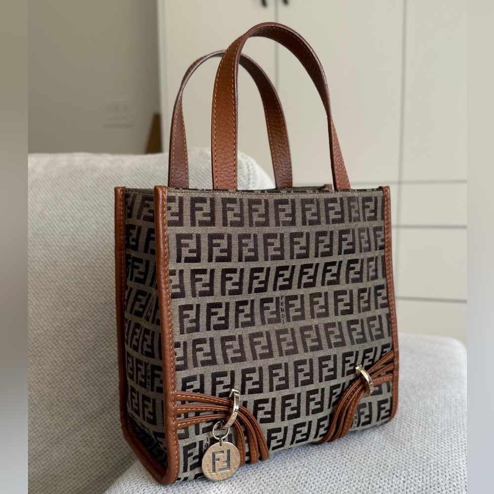 Authentic Fendi  Zucca Canvas logo charm mini tote bag